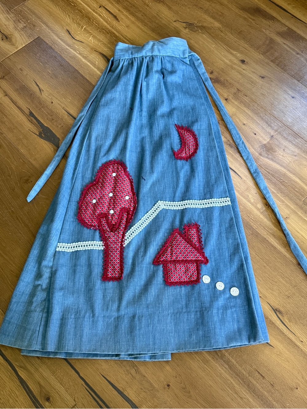 Rare Vintage 1970’s Chessa Davis Light Blue Denim Maxi Skirt with Red Appliqué